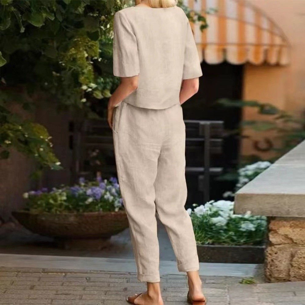 Linen Pant Wide - Half-sleeved Women's Cotton Linen Suit Round