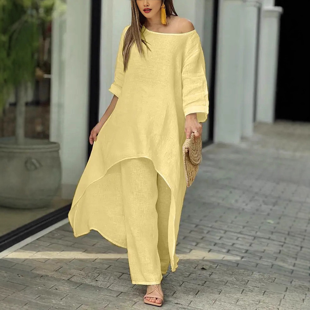 Women Long Top Pant Sets Two P - Linen Pant Wide review and price