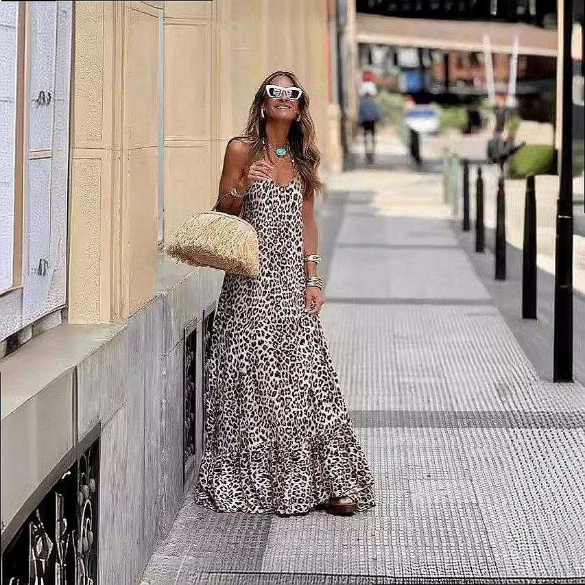 Sexy Leopard Print V Neck Back - Maxi Dress Halter review and price